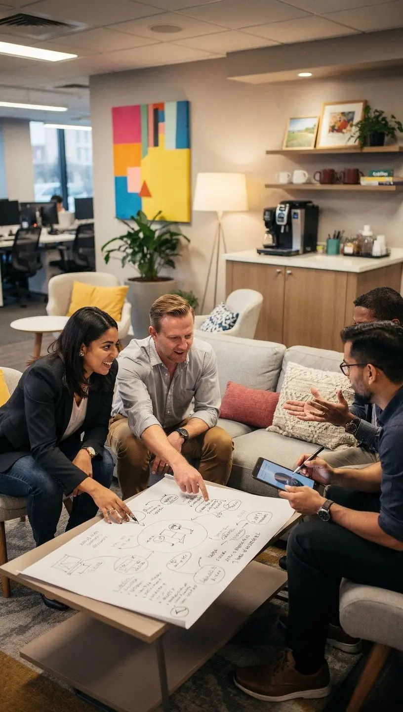 Strefa relaksu w biurze z wygodnymi fotelami i roślinami doniczkowymi.