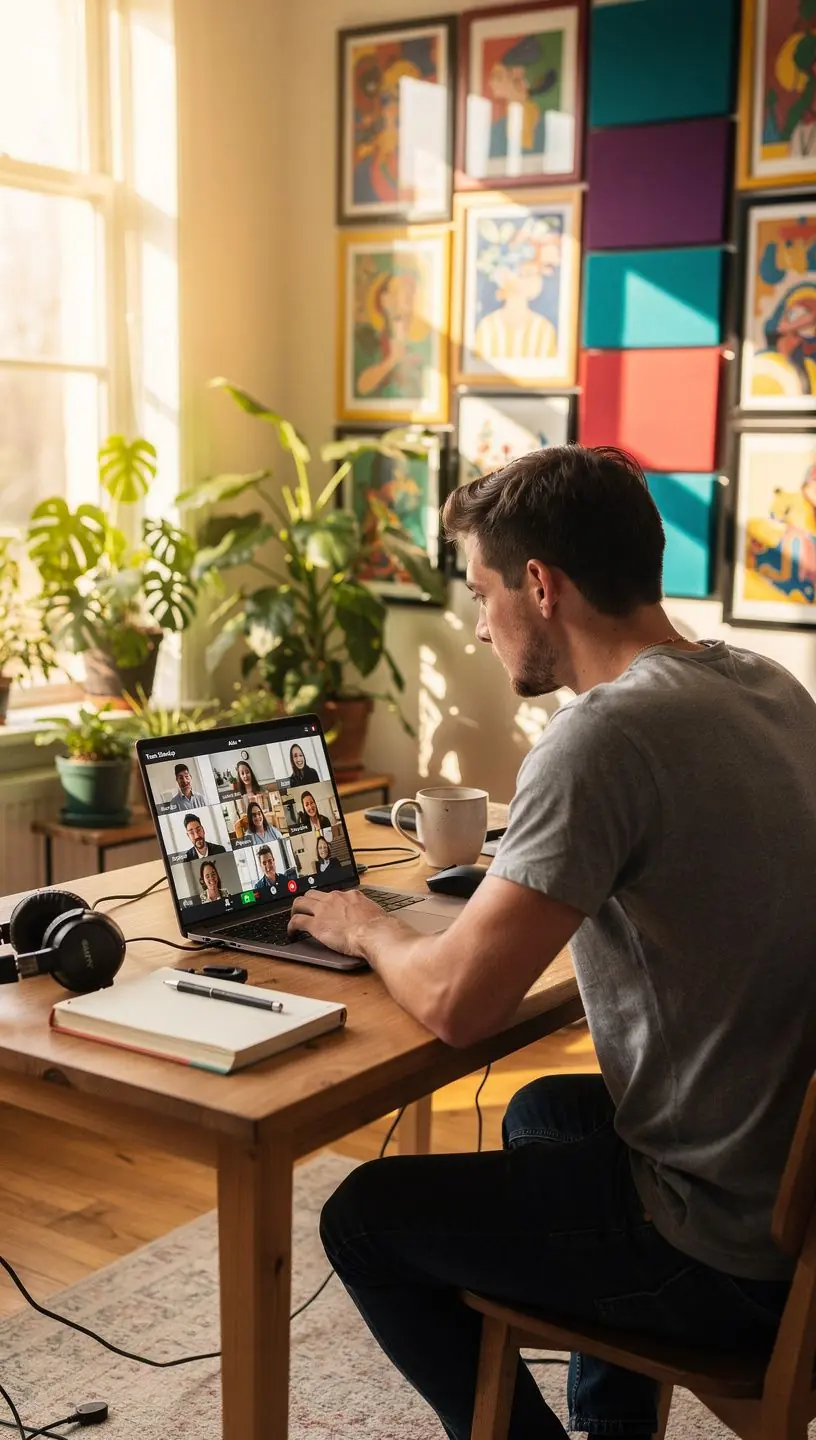 Przestrzeń biurowa z akustycznymi panelami poprawiającymi komfort akustyczny.