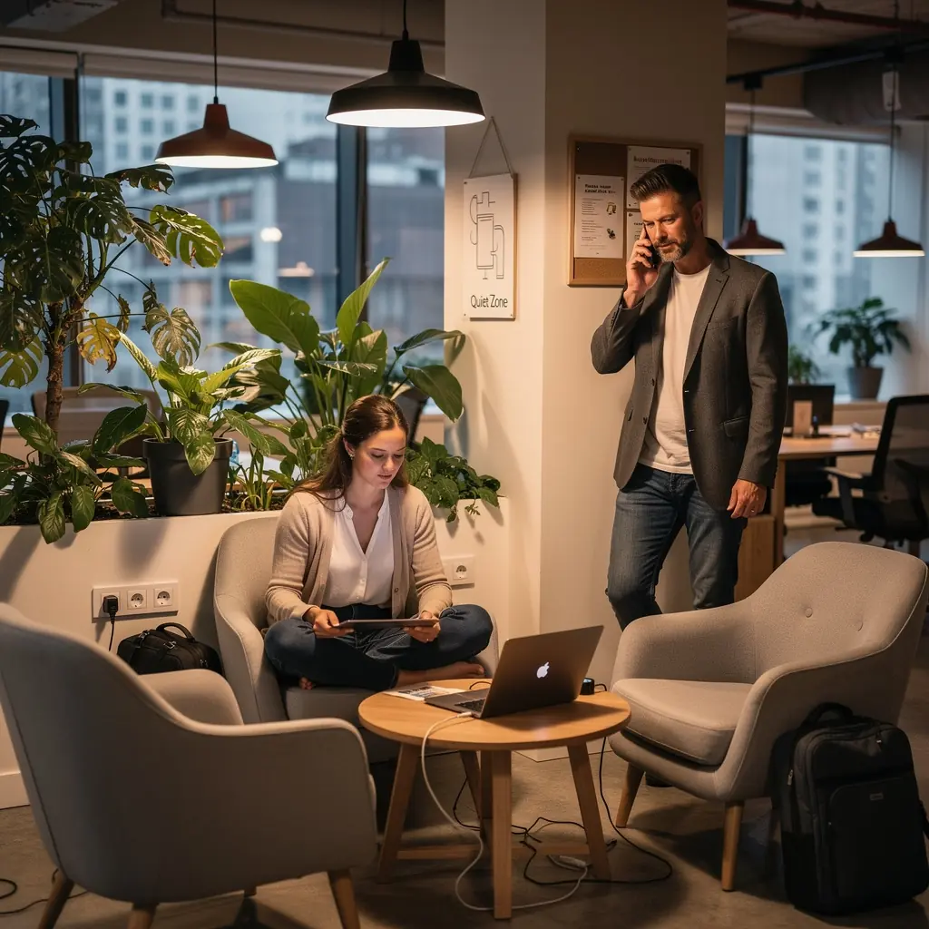 Kącik do spotkań z wygodnymi fotelami i roślinnością dla lepszej atmosfery.