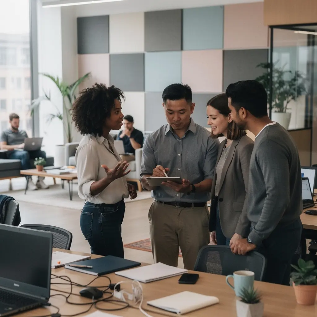 Biuro z różnorodnymi strefami pracy, w tym cichymi miejscami do koncentracji.