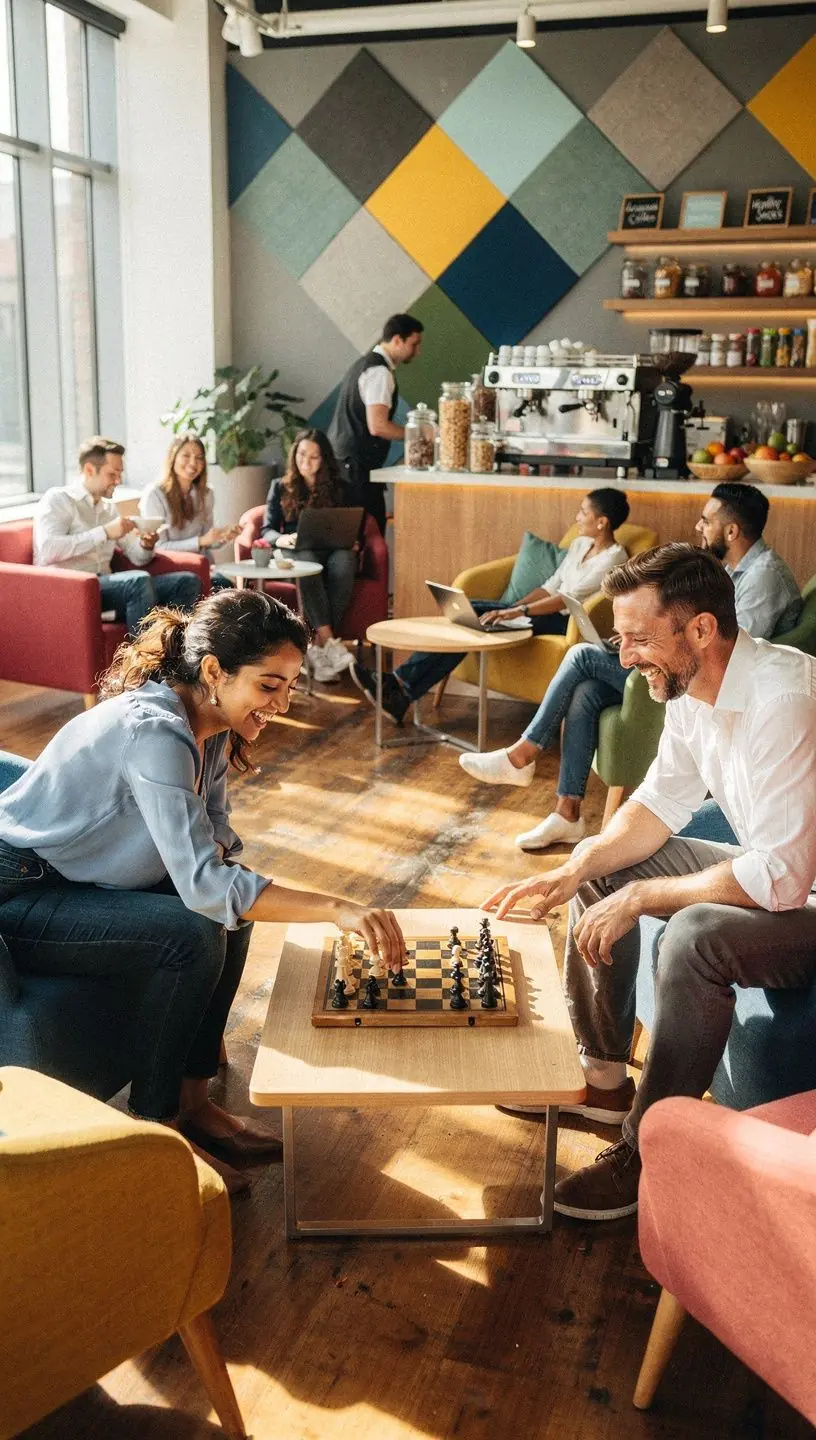 Przykład układu biura z zastosowaniem kolorów sprzyjających produktywności.