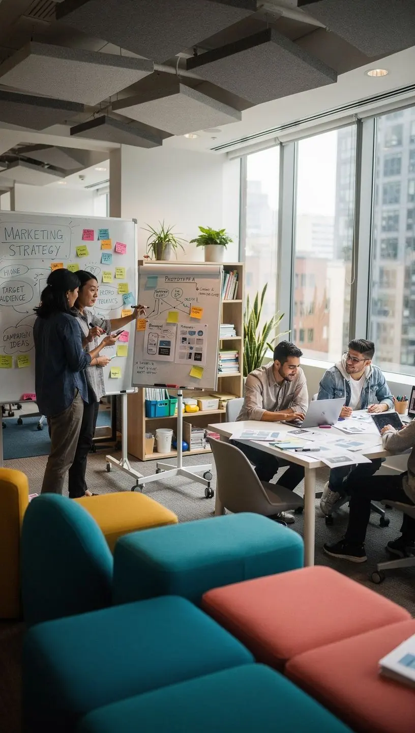 Nowoczesne biuro z ergonomicznymi meblami i strefami do pracy grupowej.